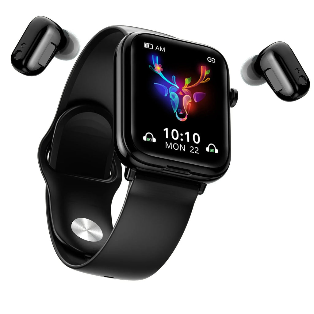 Black zinc alloy smartwatch with 1.69-inch touchscreen and wireless earpieces in charging case.