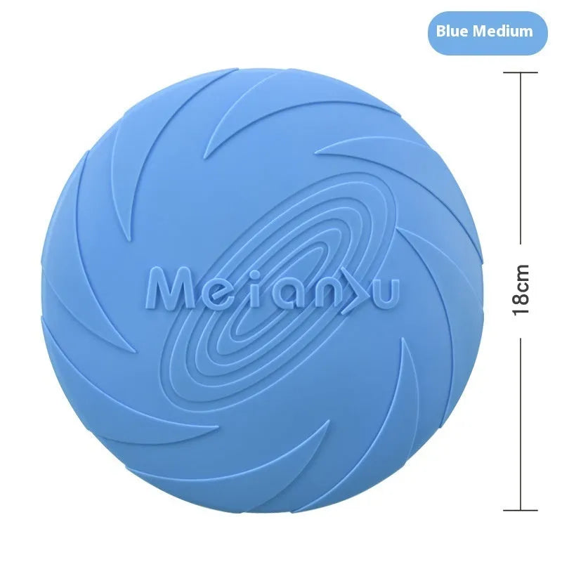 Soft rubber dog frisbee toy for outdoor fetch, shown in three sizes and red, blue, green colour options.