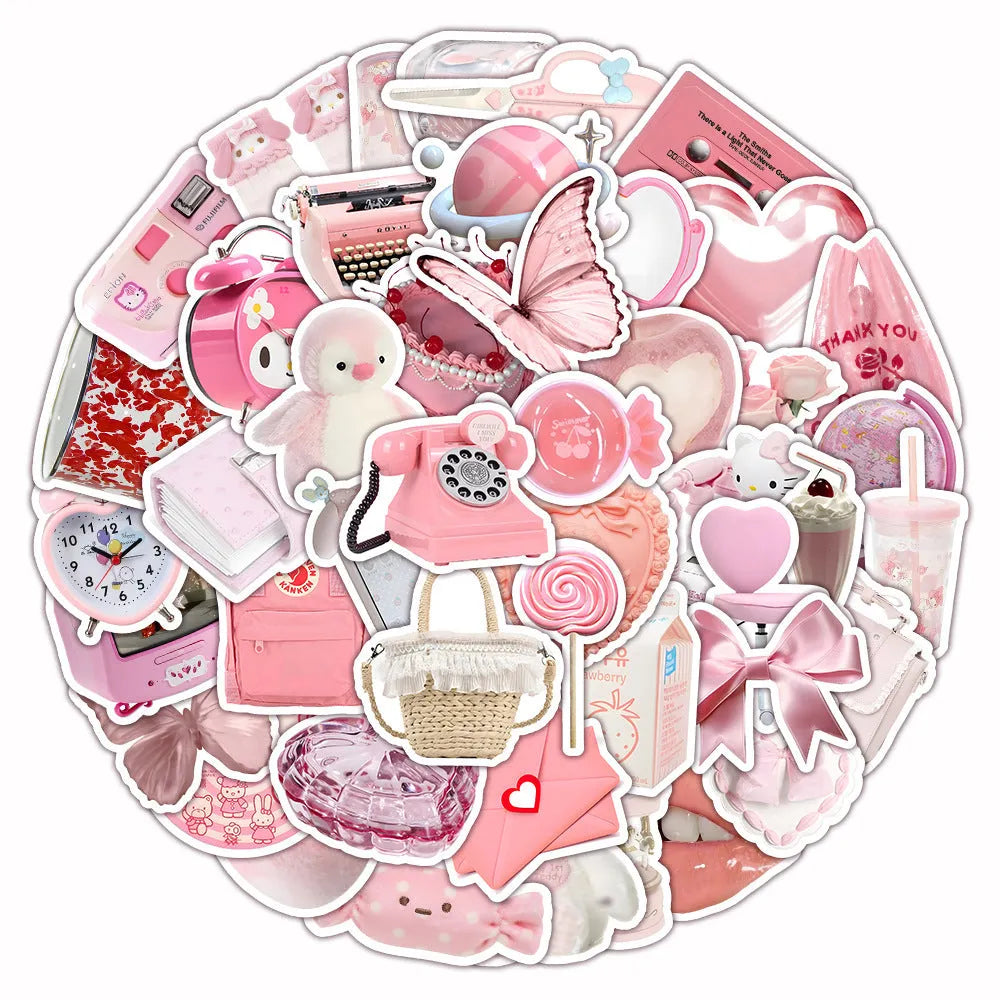 Pack of 63 cute pink heart decorative stickers with realistic 3D print on a sheet.