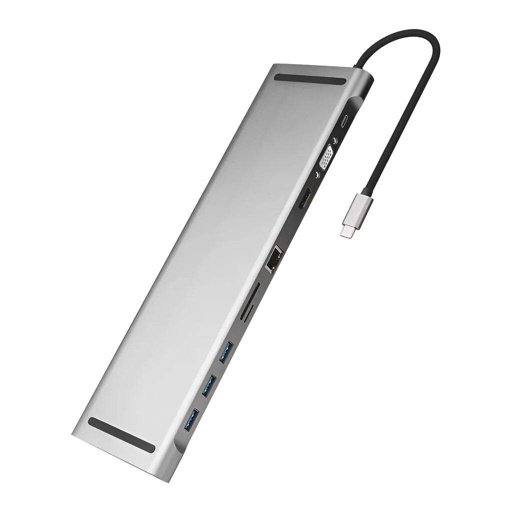 Grey ten-port USB-C hub docking station with cooling bracket showing HDMI, VGA and Ethernet ports