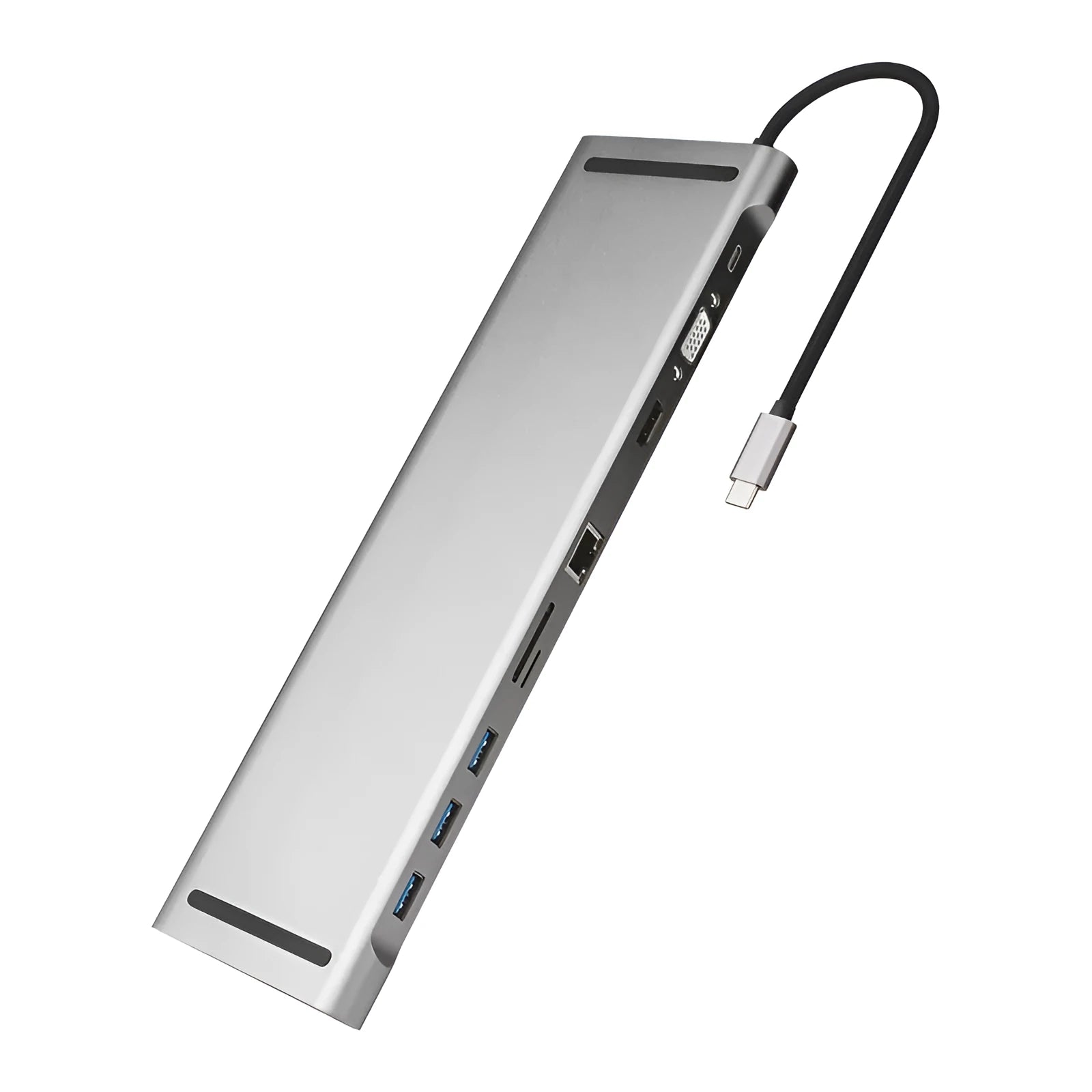 Grey ten-port USB-C hub docking station with cooling bracket showing HDMI, VGA and Ethernet ports
