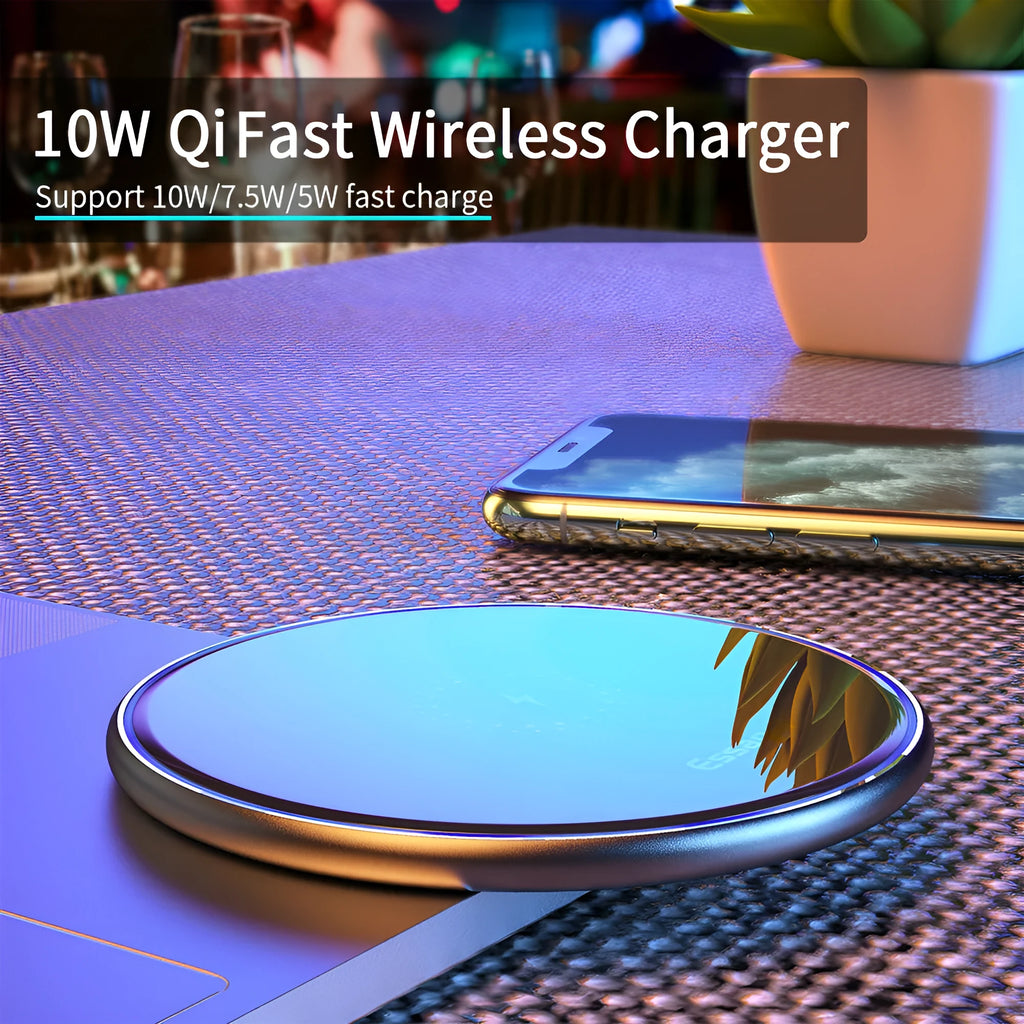 Black and white aluminium alloy wireless charging pad for phones with Qi fast charging and LED light.