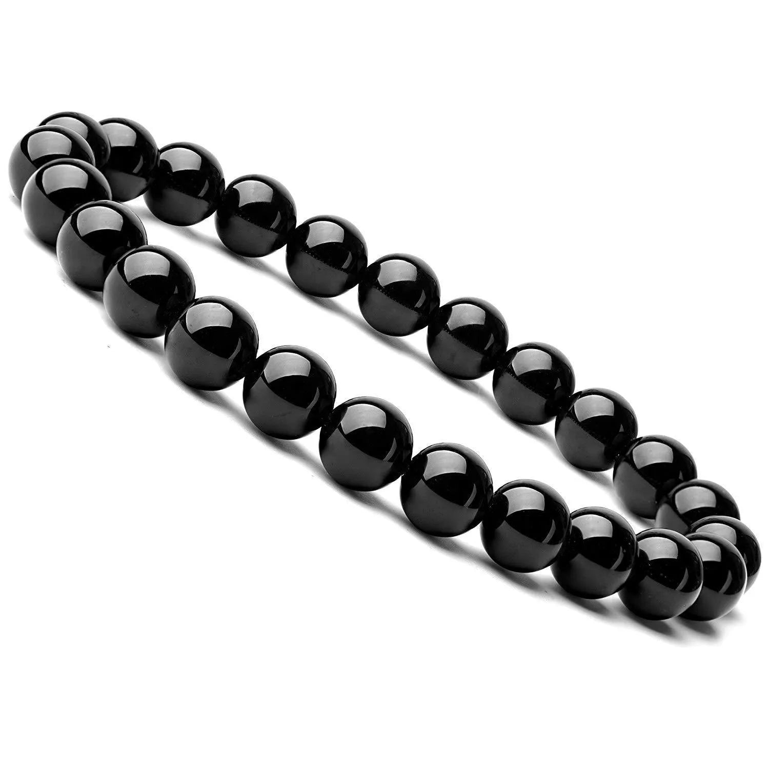 Black agate bracelet with geometric 8mm beads on a black elastic cord, laid flat.