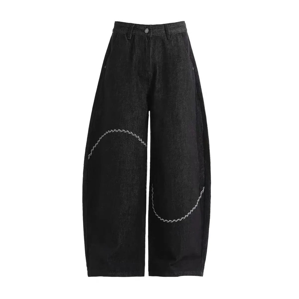 Black straight-leg denim trousers with mid-waist design and micro-elastic fabric