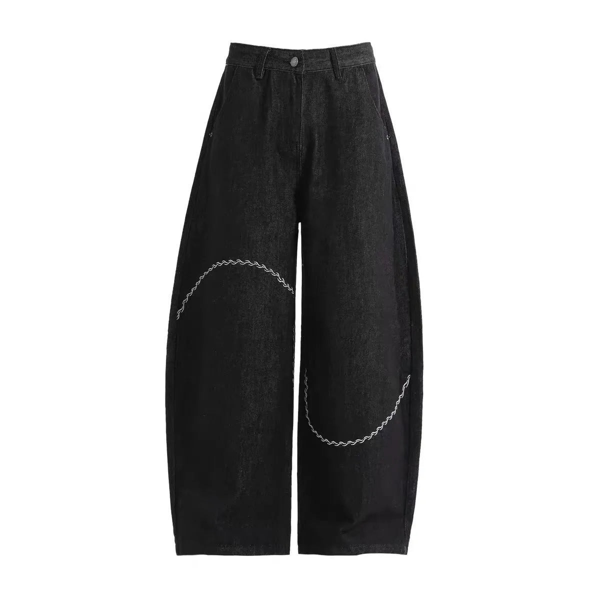 Black straight-leg denim trousers with mid-waist design and micro-elastic fabric