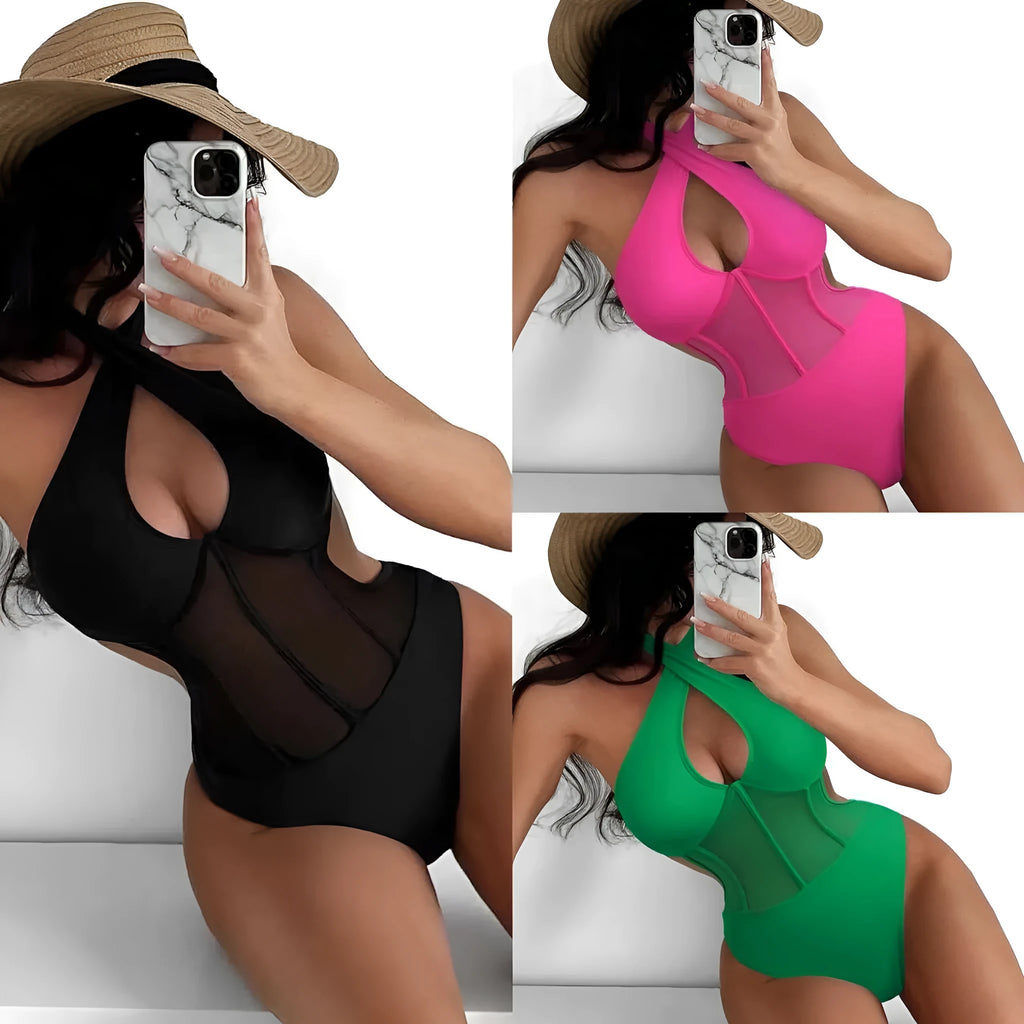 Ladies black one-piece swimsuit made from nylon and spandex blend fabric