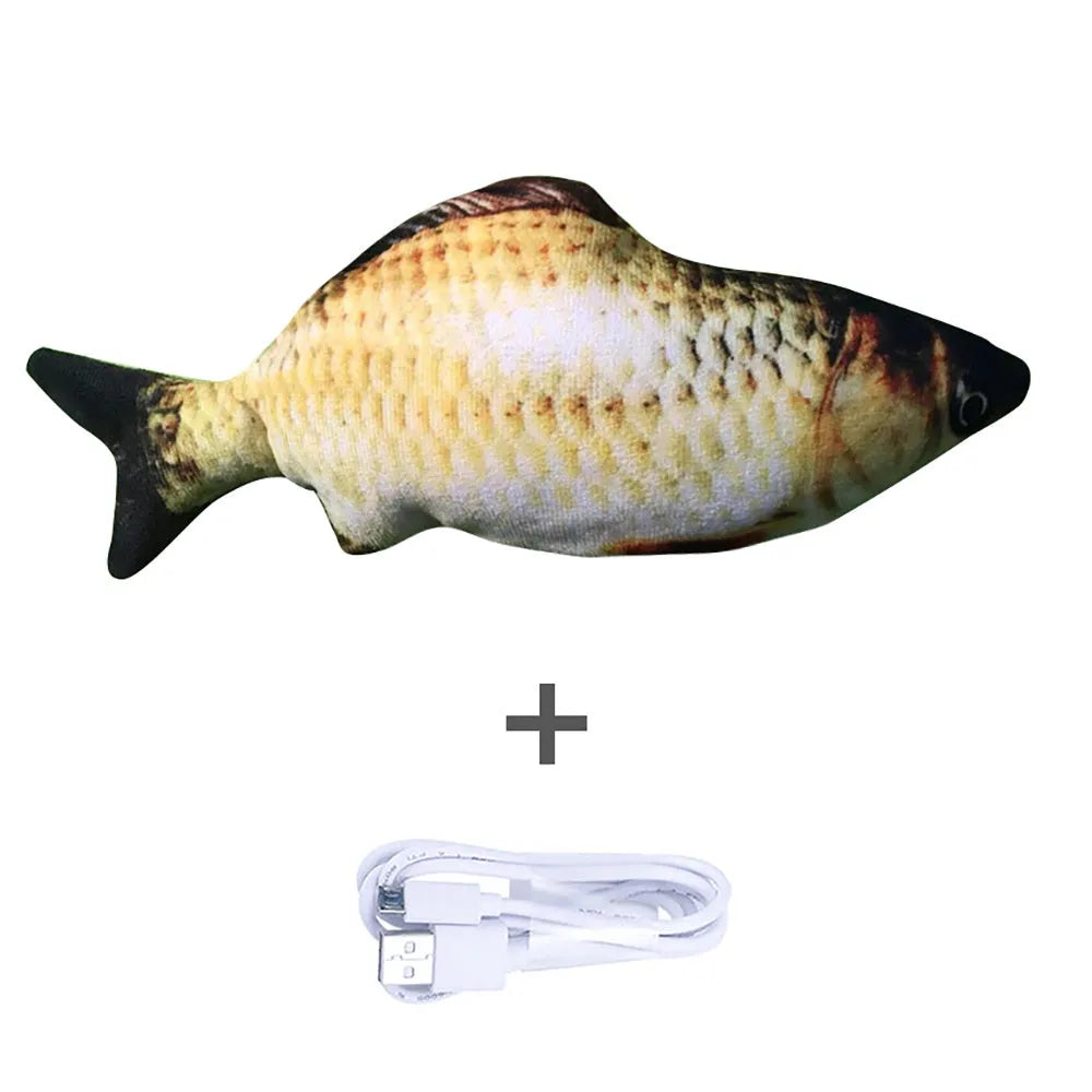 Multicolour electronic fish cat toy measuring 30cm with USB charging cable