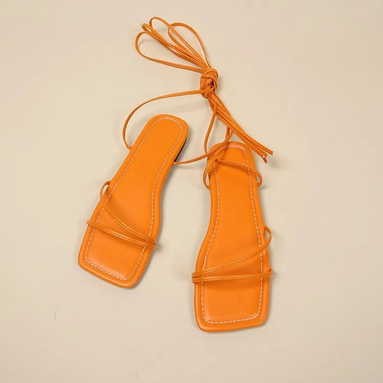 Women's ankle ring bandage cloth flat sandals with square toe design and front lace-up fastening