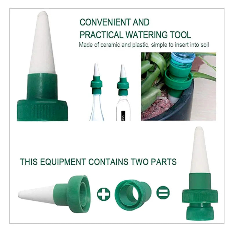 Green ceramic drip irrigation device for use with cola bottles for automatic plant watering