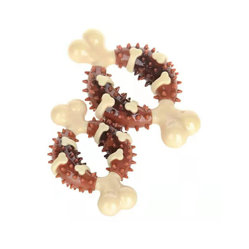 Bone-shaped natural rubber dog molar chew toy for teeth grinding and anxiety relief in two size options