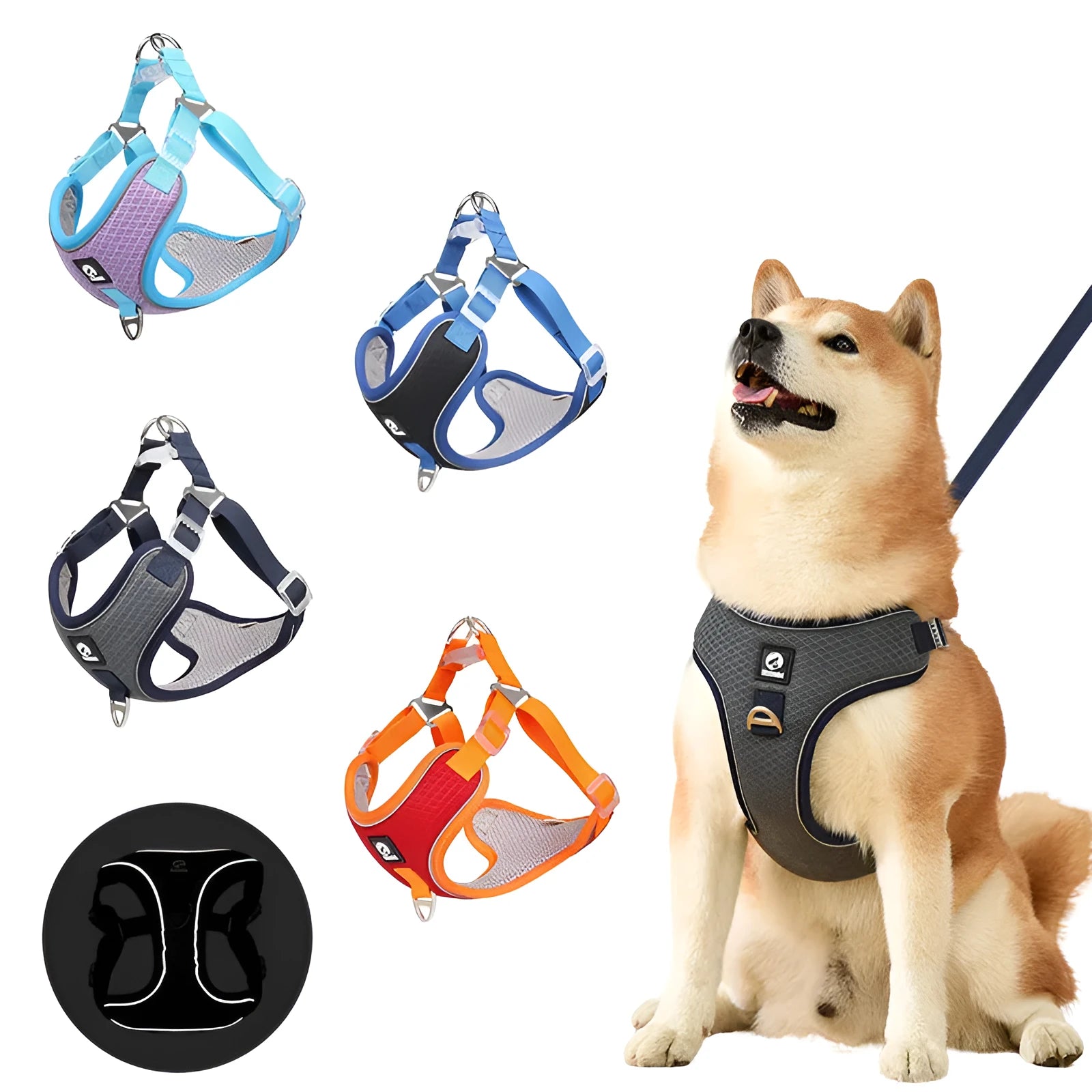 Adjustable dog harness with breathable mesh fabric and reflective piping in multiple colour options