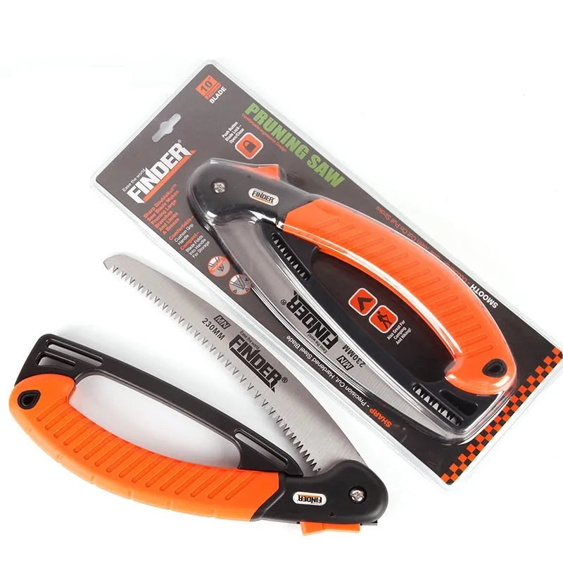 Folding garden hand saw with 230mm blade and TPR grip for branch cutting