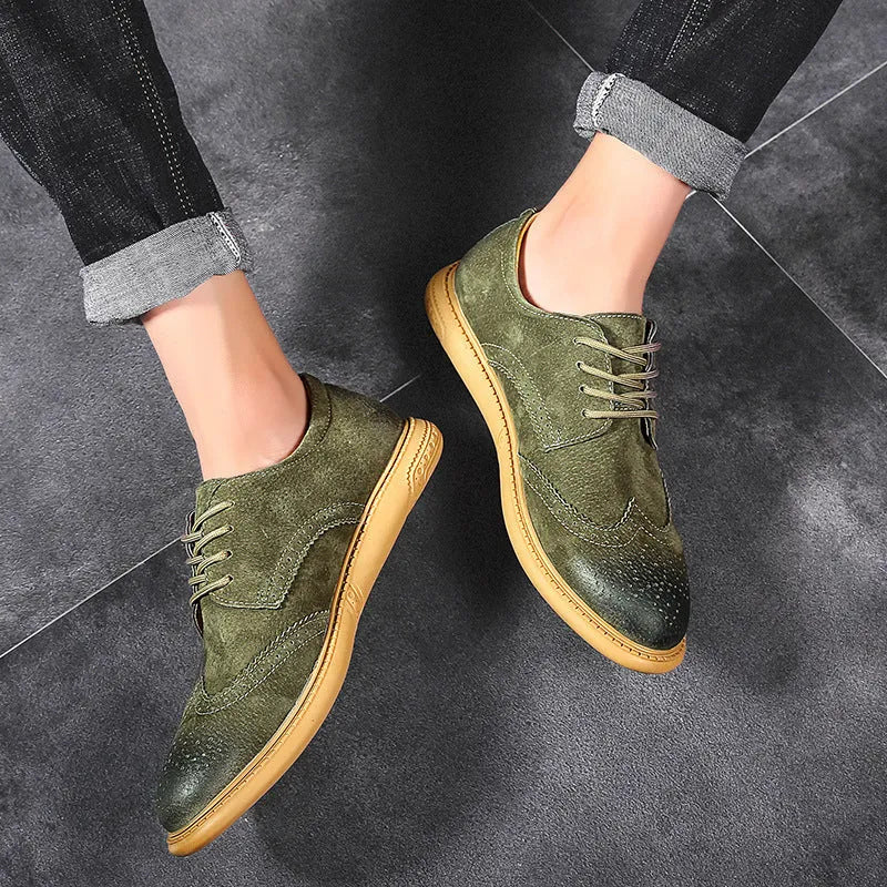 Men's low-top lace-up business shoes in genuine cowhide leather, shown in grey, sand, black, and green colour options.