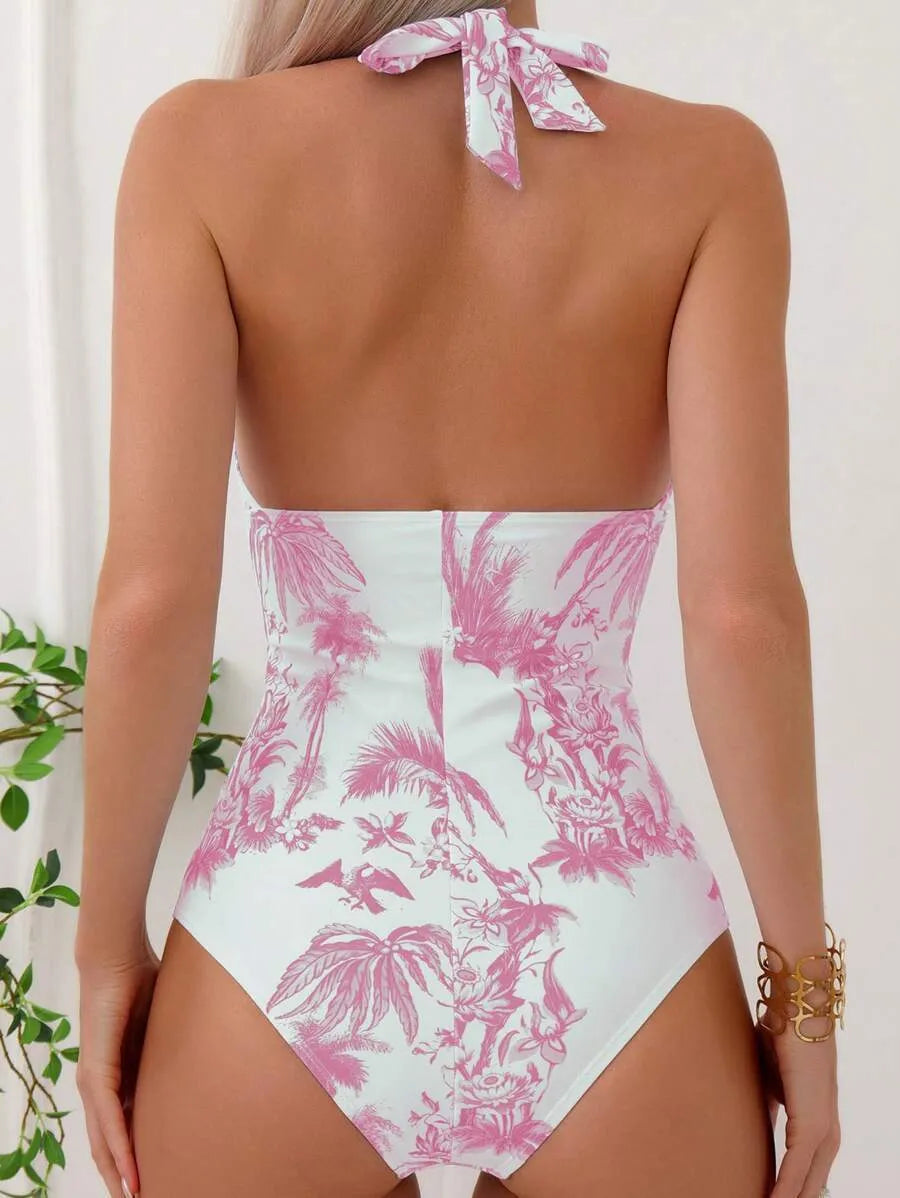 Women's printed V-neck one-piece swimsuit showing colour options including apricot, emerald and rose red