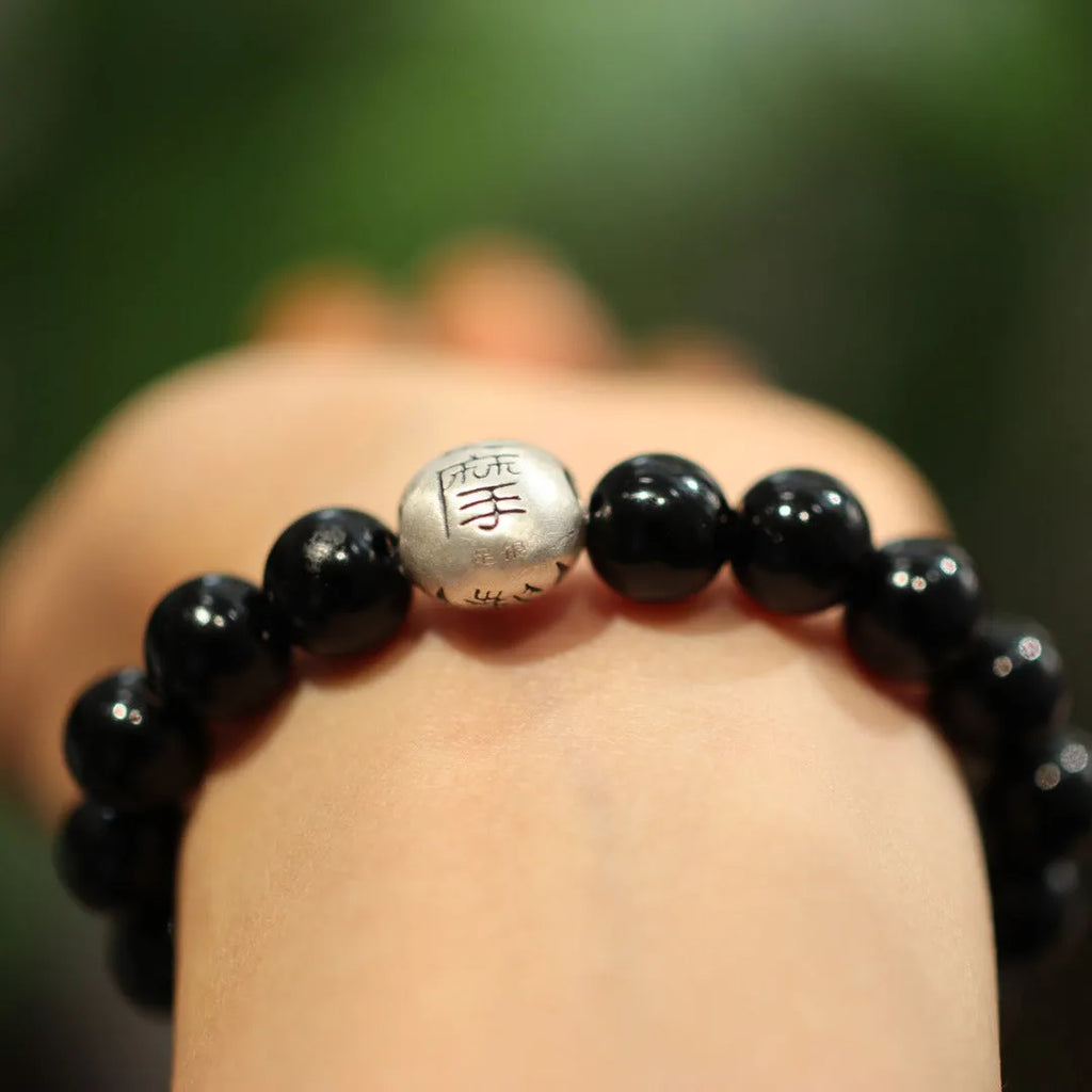 Black agate and sterling silver Chinese style bracelet with 10mm beads