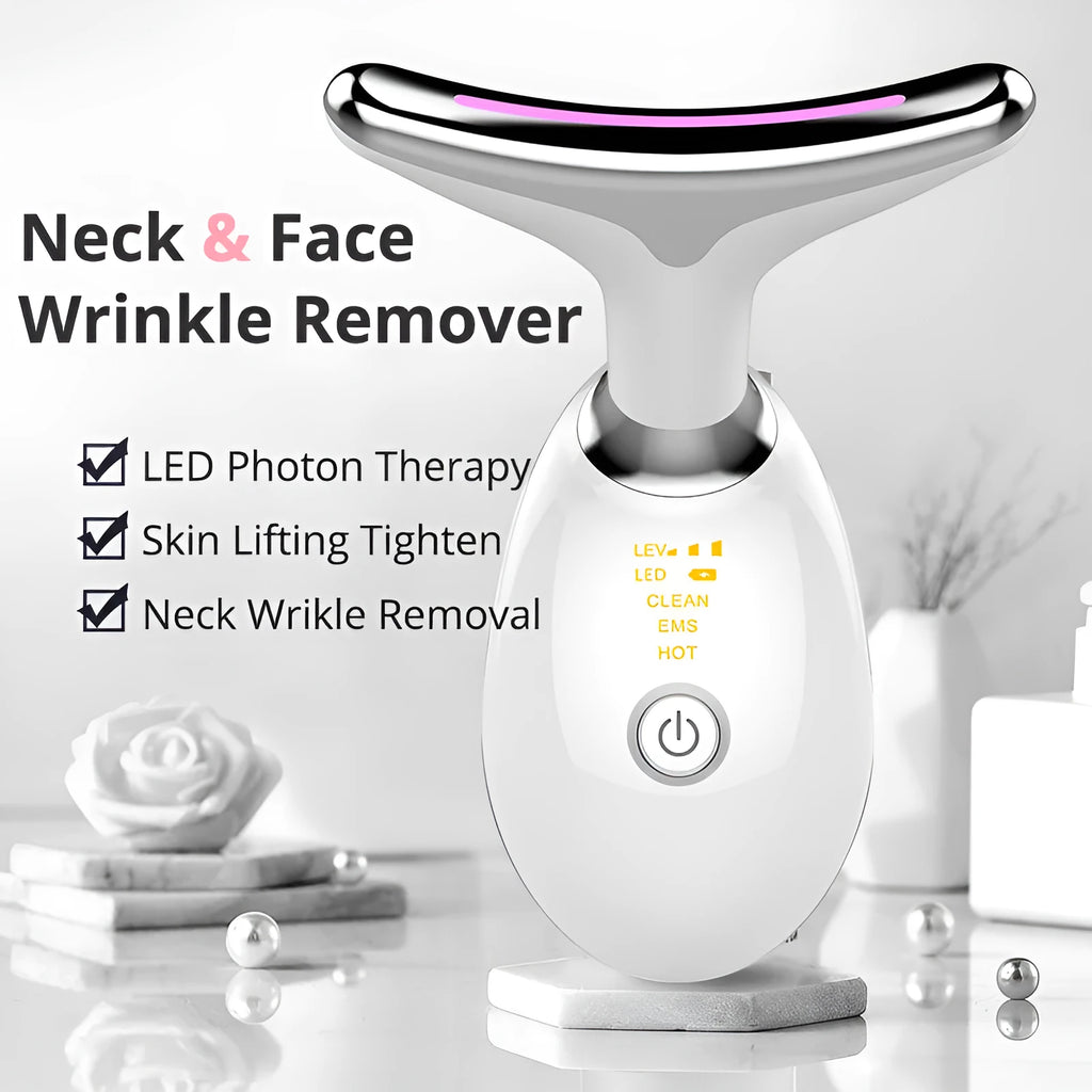 Handheld EMS thermal neck lifting massager device with LED lights on a white background.