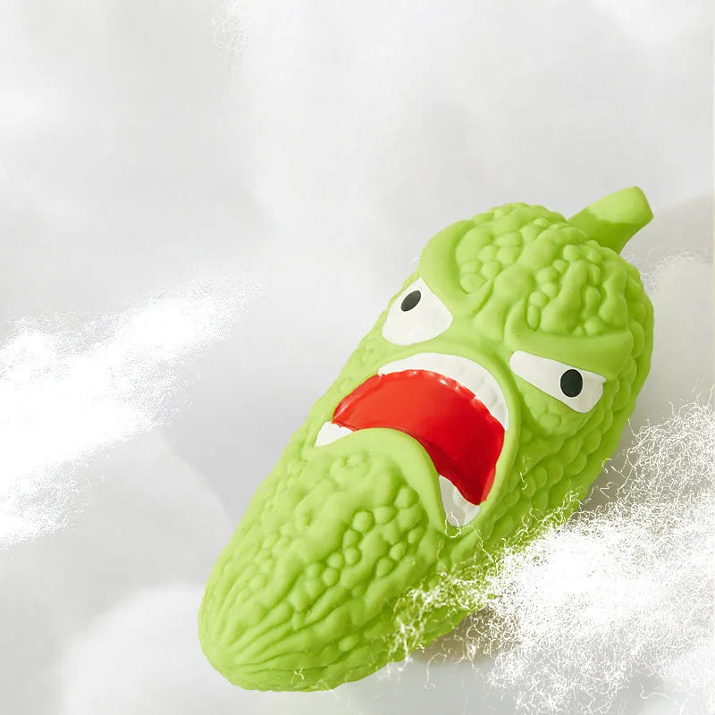 Dog chew toy shaped like bitter melon or chili with textured cleaning ridges and sound activation feature