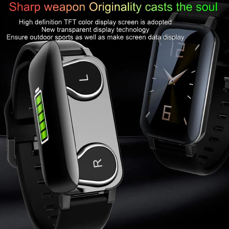Call Bracelet smart fitness tracker in Black, Blue and Coffee colours on a wrist, showing heart rate monitoring.