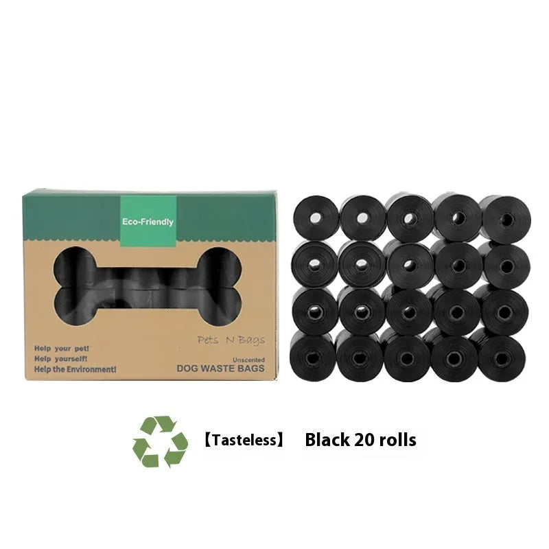 EPI degradable pet waste bags in green, black, blue, purple and orange colours with dispenser