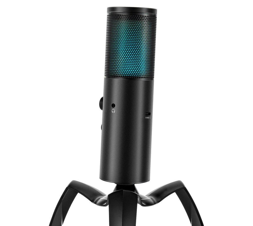 Black Q18 bidirectional USB condenser microphone with RGB lighting on adjustable tripod
