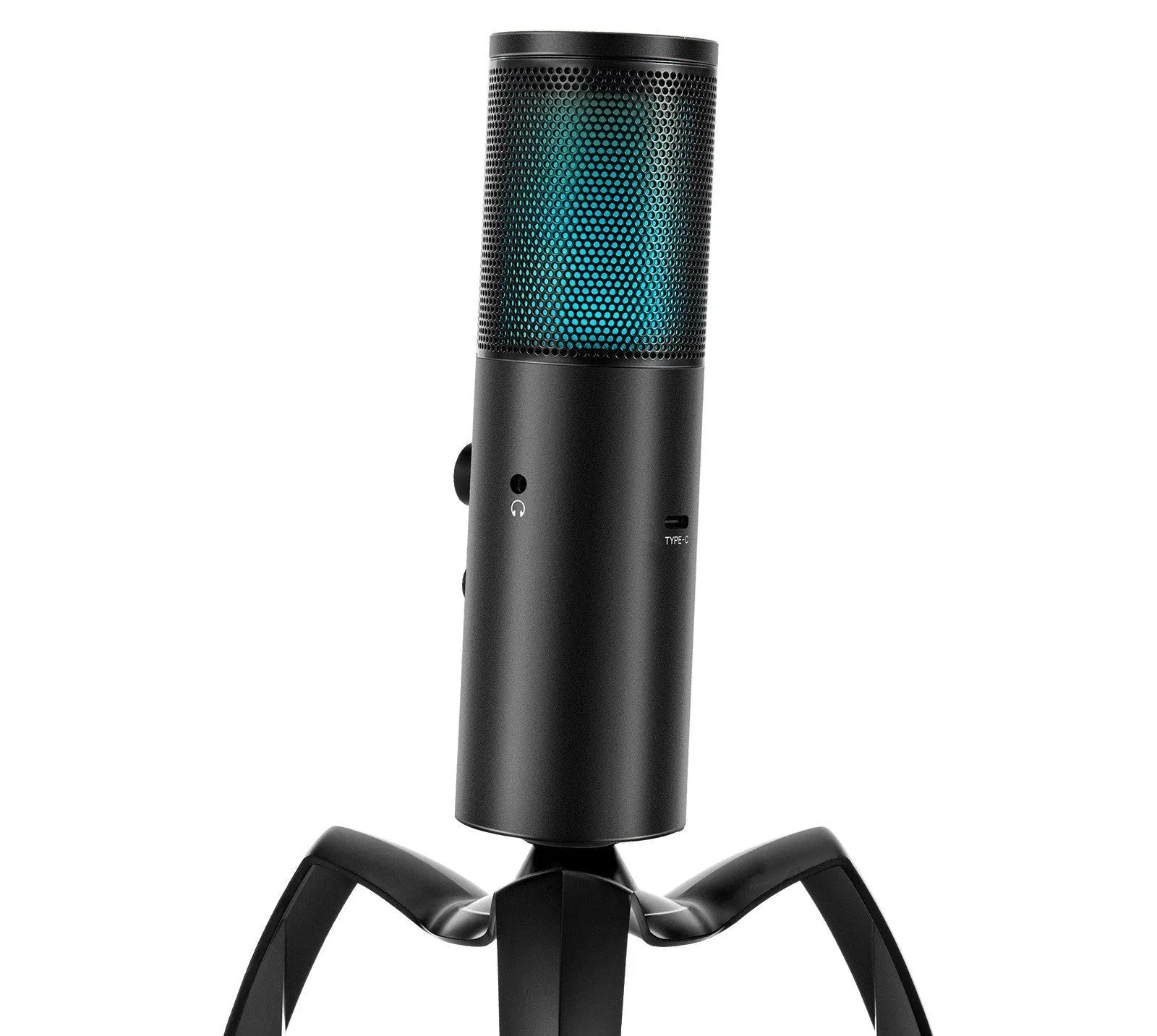 Black Q18 bidirectional USB condenser microphone with RGB lighting on adjustable tripod