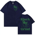 Loose fit men's cartoon t-shirt with Rise And Grind Green Coffee Fun Expression Bag graphic print.
