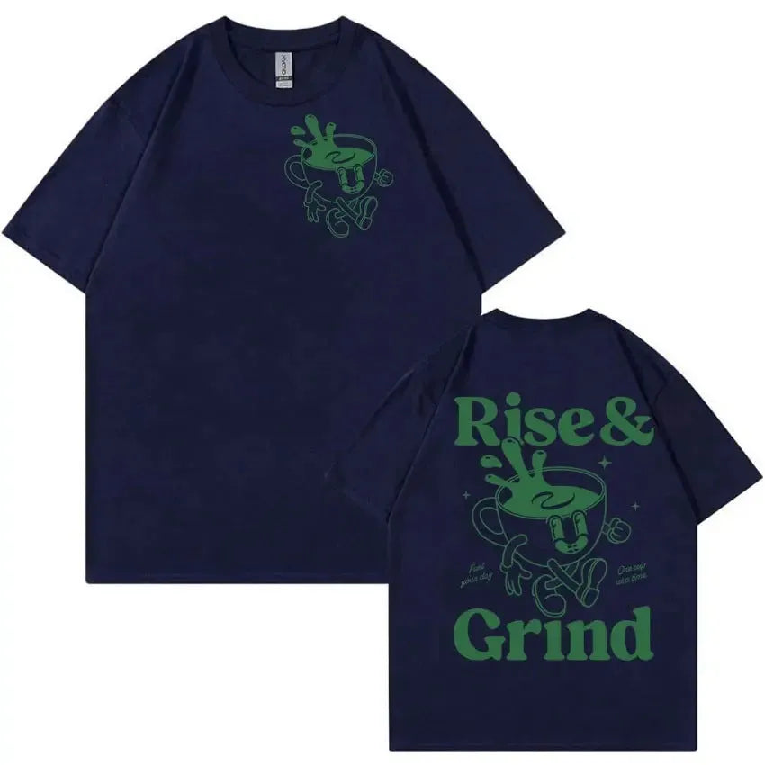 Loose fit men's cartoon t-shirt with Rise And Grind Green Coffee Fun Expression Bag graphic print.