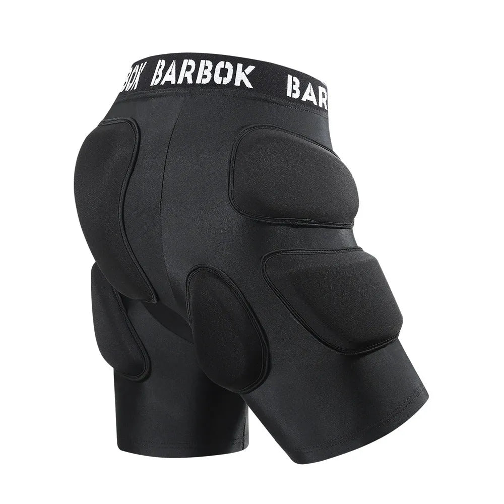 Black adult hip protection shorts with removable padding for skating and skiing safety.