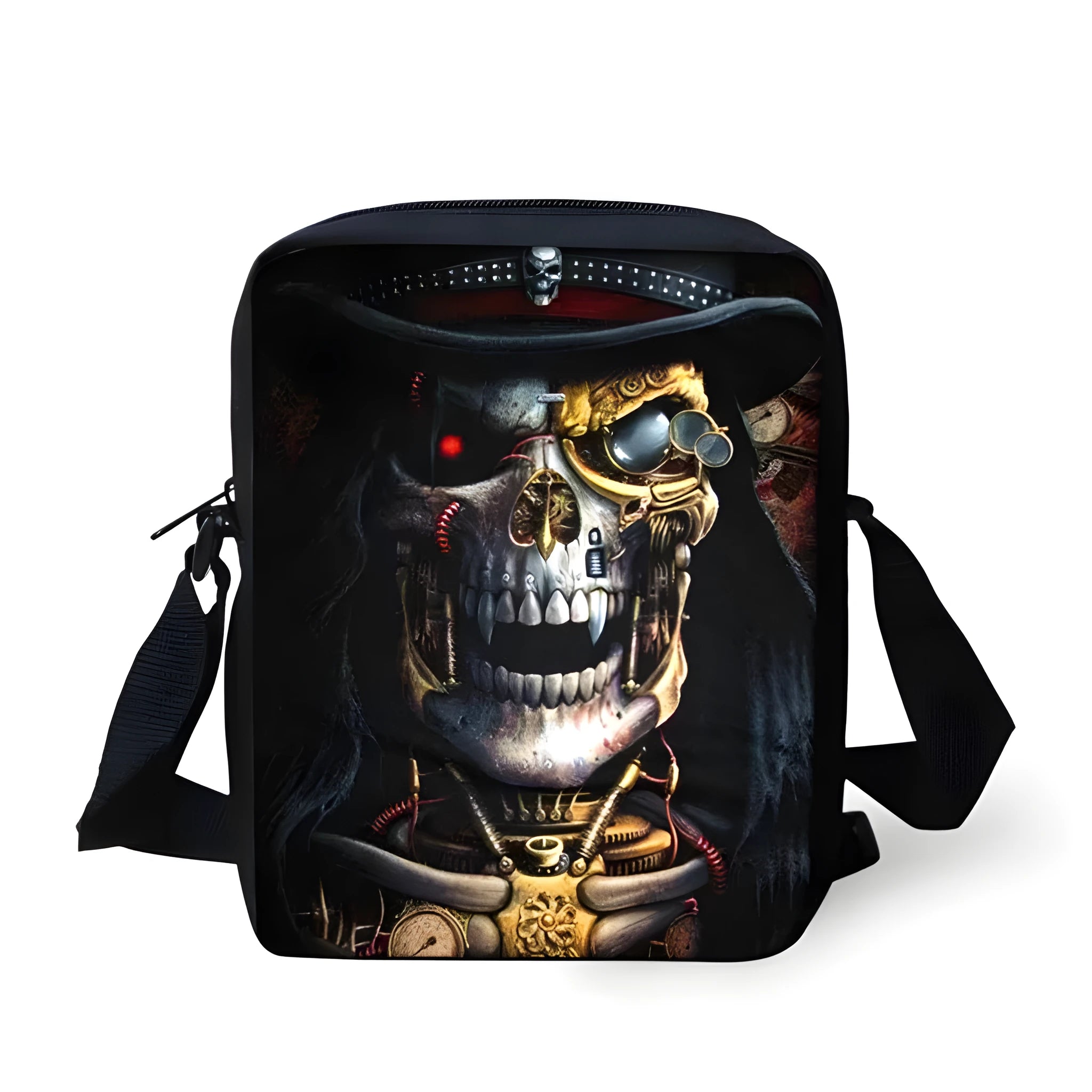 Children's skull print polyester messenger bag with shoulder straps, shown in a medium size.