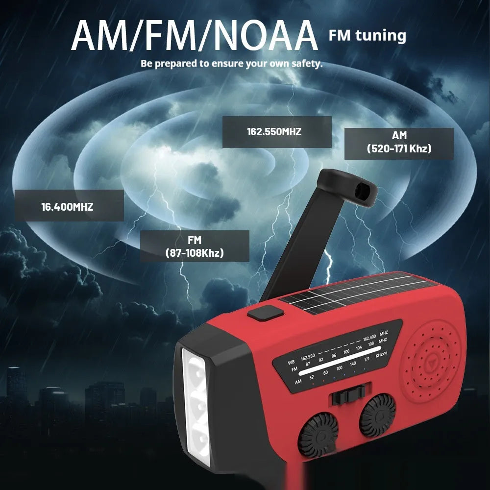 Red rechargeable emergency hand radio torch with built-in speaker and USB port