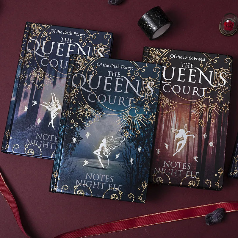 Blue and purple A5 luminous hardcover notebooks with Night Elves design, open to show full-colour illustrated pages.