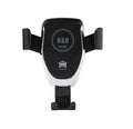 Black wireless car charger mounted on vehicle vent with iPhone secured in automatic clamping mechanism