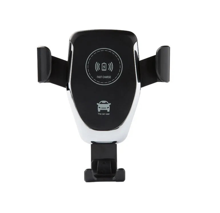 Black wireless car charger mounted on vehicle vent with iPhone secured in automatic clamping mechanism