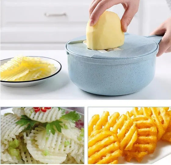 8-in-1 mandoline vegetable slicer with stainless blades, hand guard, and container in blue