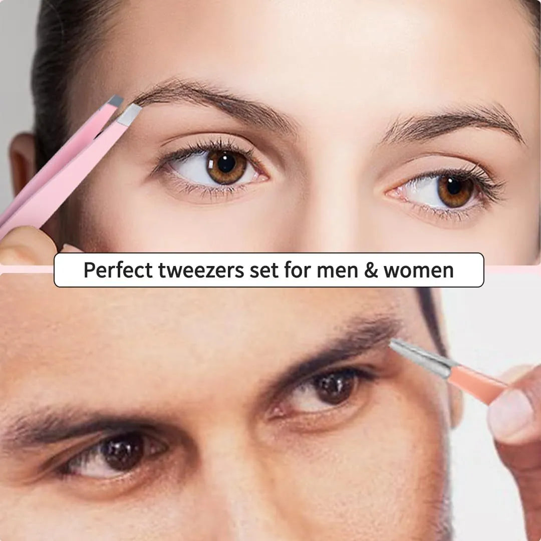 Professional 6-piece stainless steel eyebrow tweezers set with curved scissors and leather case
