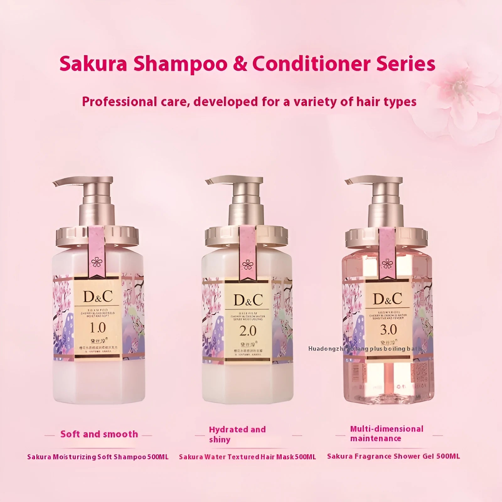 500ml Sakura shampoo bottle for deep cleaning and frizz improvement in Cherry Blossom nursing suite