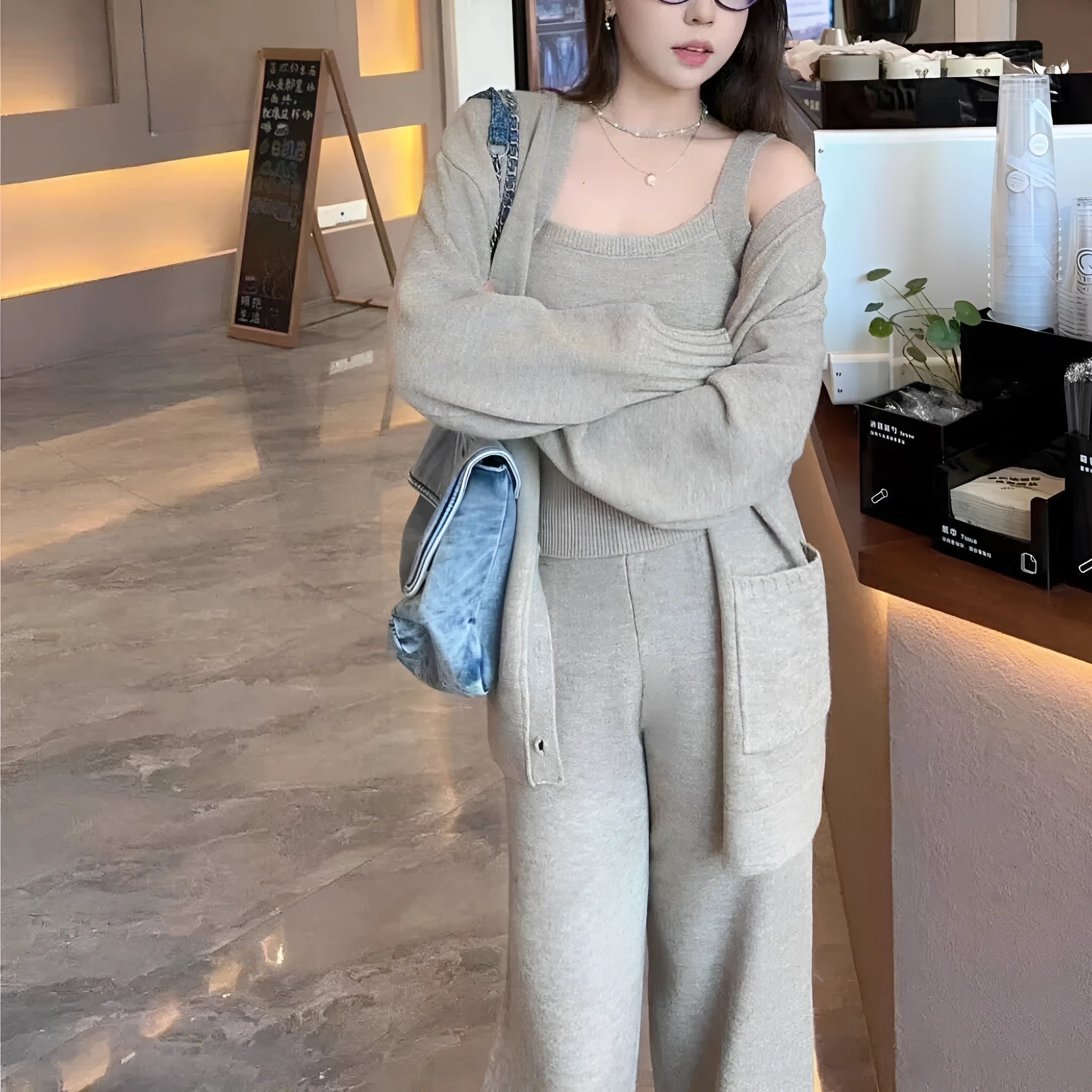 Women's knit three-piece set showing cardigan, vest, and casual pants in loose Japanese Korean style