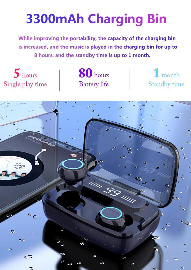 Black M11 Bluetooth wireless headset with digital display and charging case with mobile phone holder