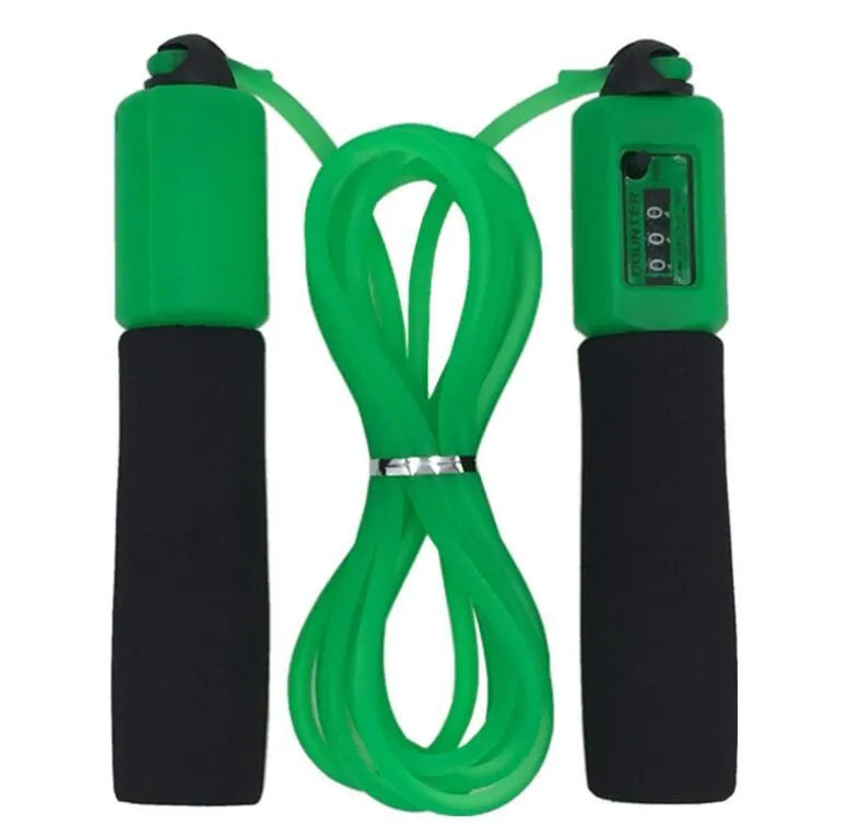 Adjustable skipping rope with blue foam handles and heavy-duty PVC cable on a grey background