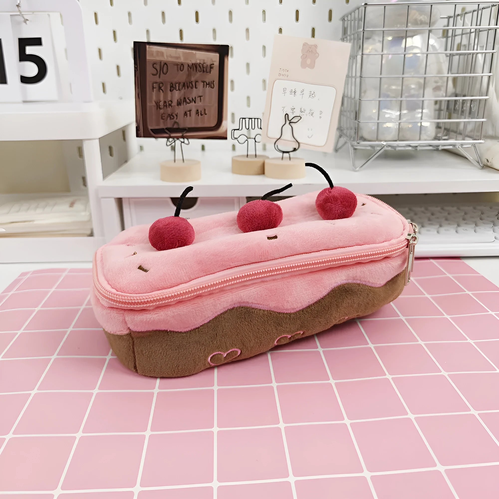 Cherry Cake themed plush velvet pencil case with zip closure