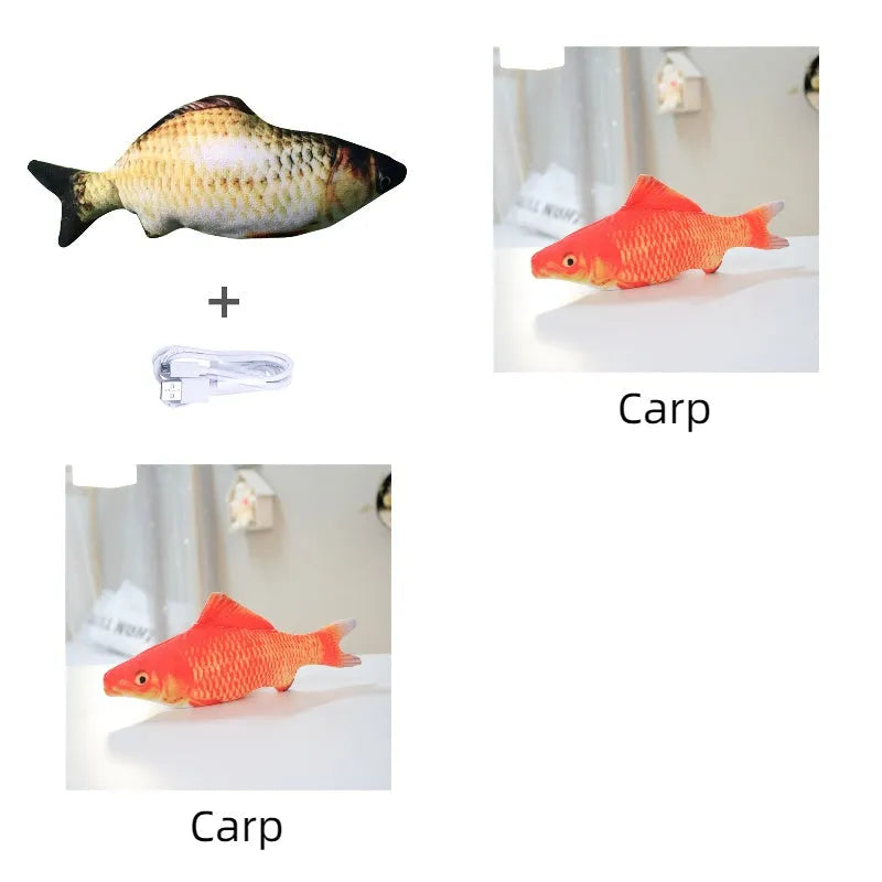 Multicolour electronic fish cat toy measuring 30cm with USB charging cable