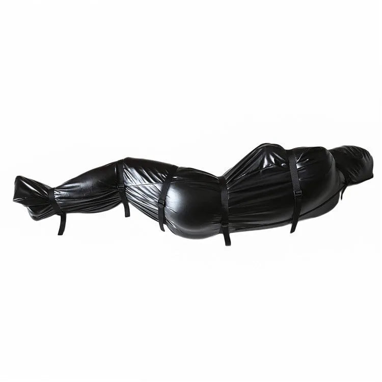 Black patent leather bondage set with harness and six ratchet tie-down straps