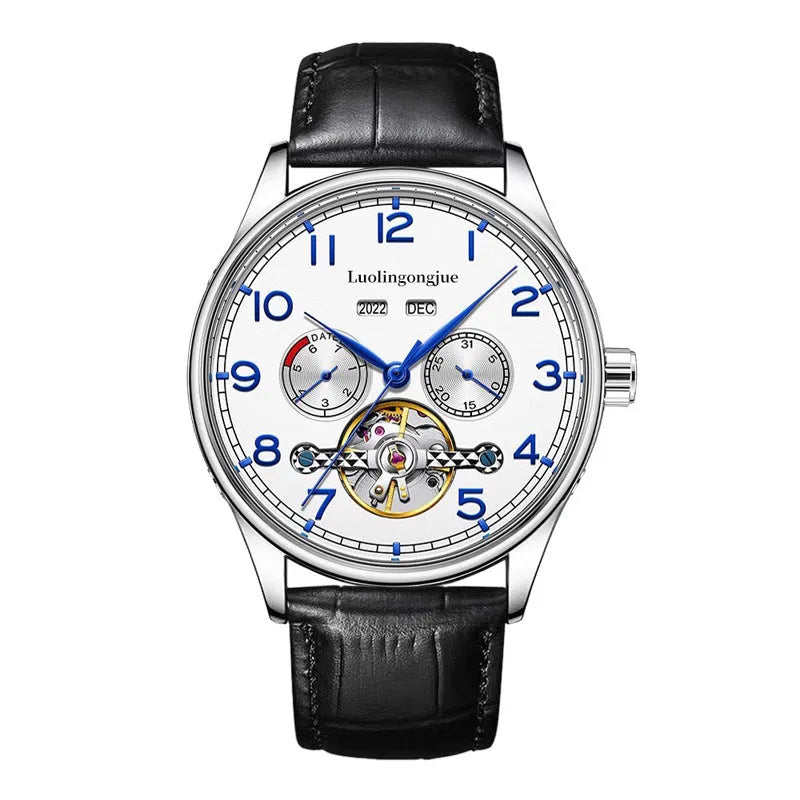 Men's business mechanical watch with stainless steel case, sapphire crystal, leather strap, hollow dial, and transparent caseback