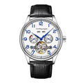 Men's business mechanical watch with stainless steel case, sapphire crystal, leather strap, hollow dial, and transparent caseback