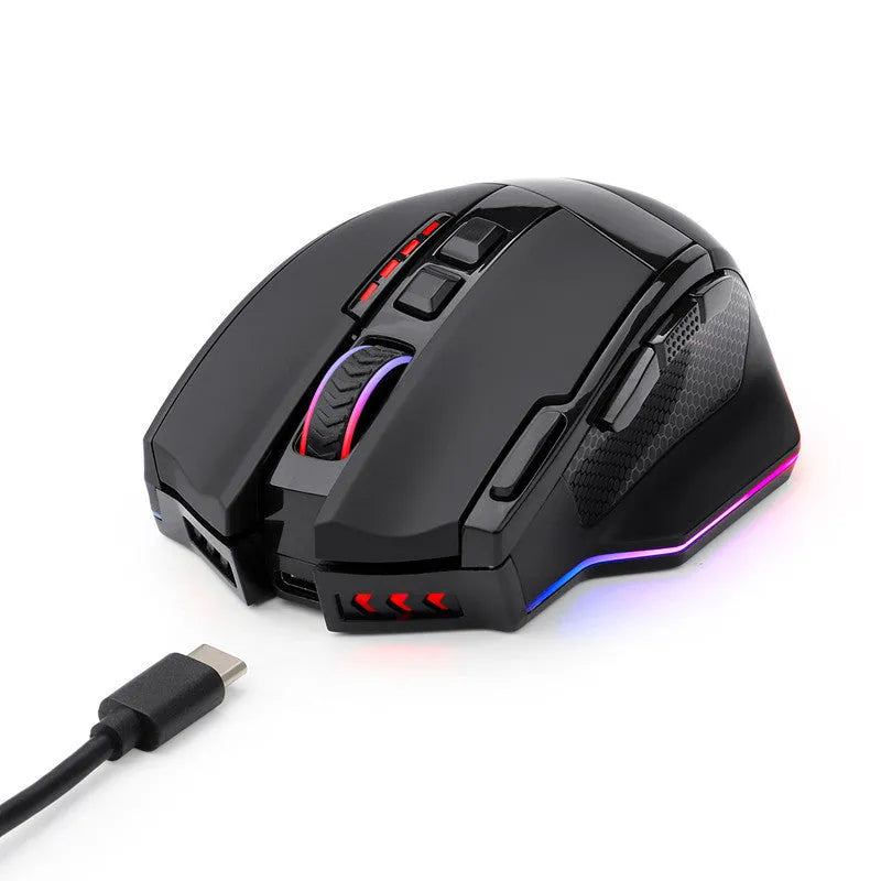 Black Redragon M801P wireless and wired dual-mode gaming mouse with multiple side buttons.