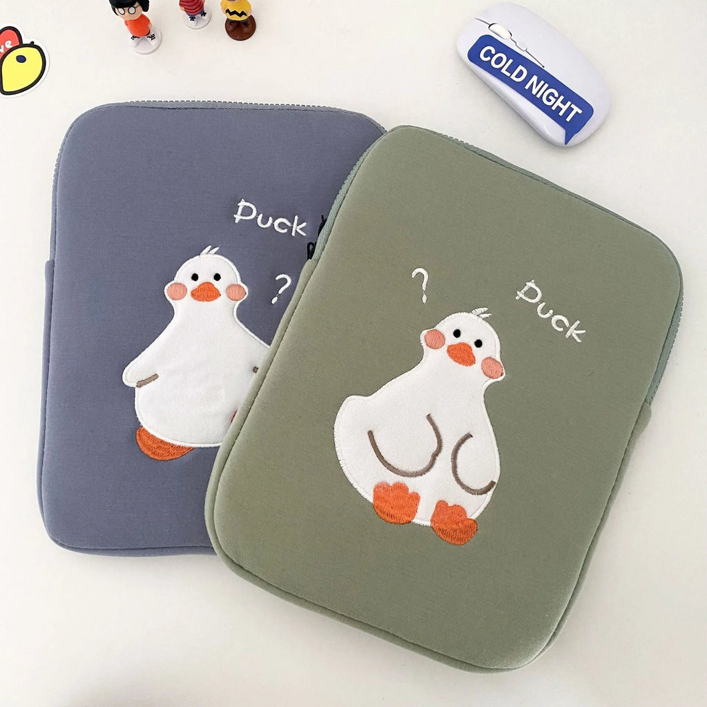 Cartoon cute duck embroidery tablet case with zipper closure in cotton material