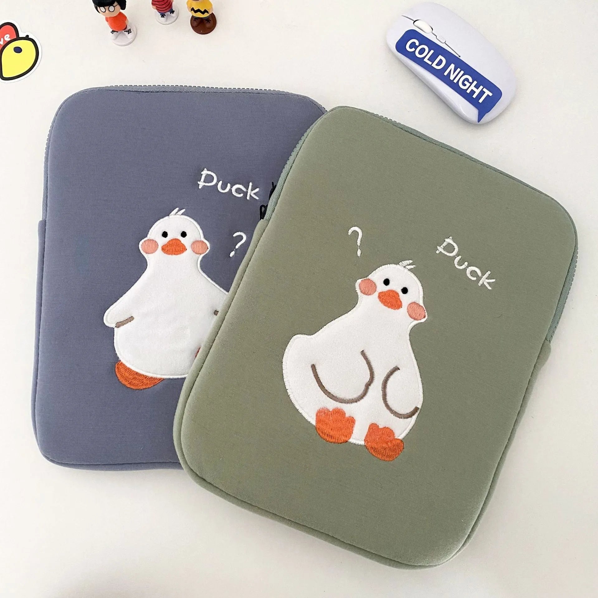 Cartoon cute duck embroidery tablet case with zipper closure in cotton material
