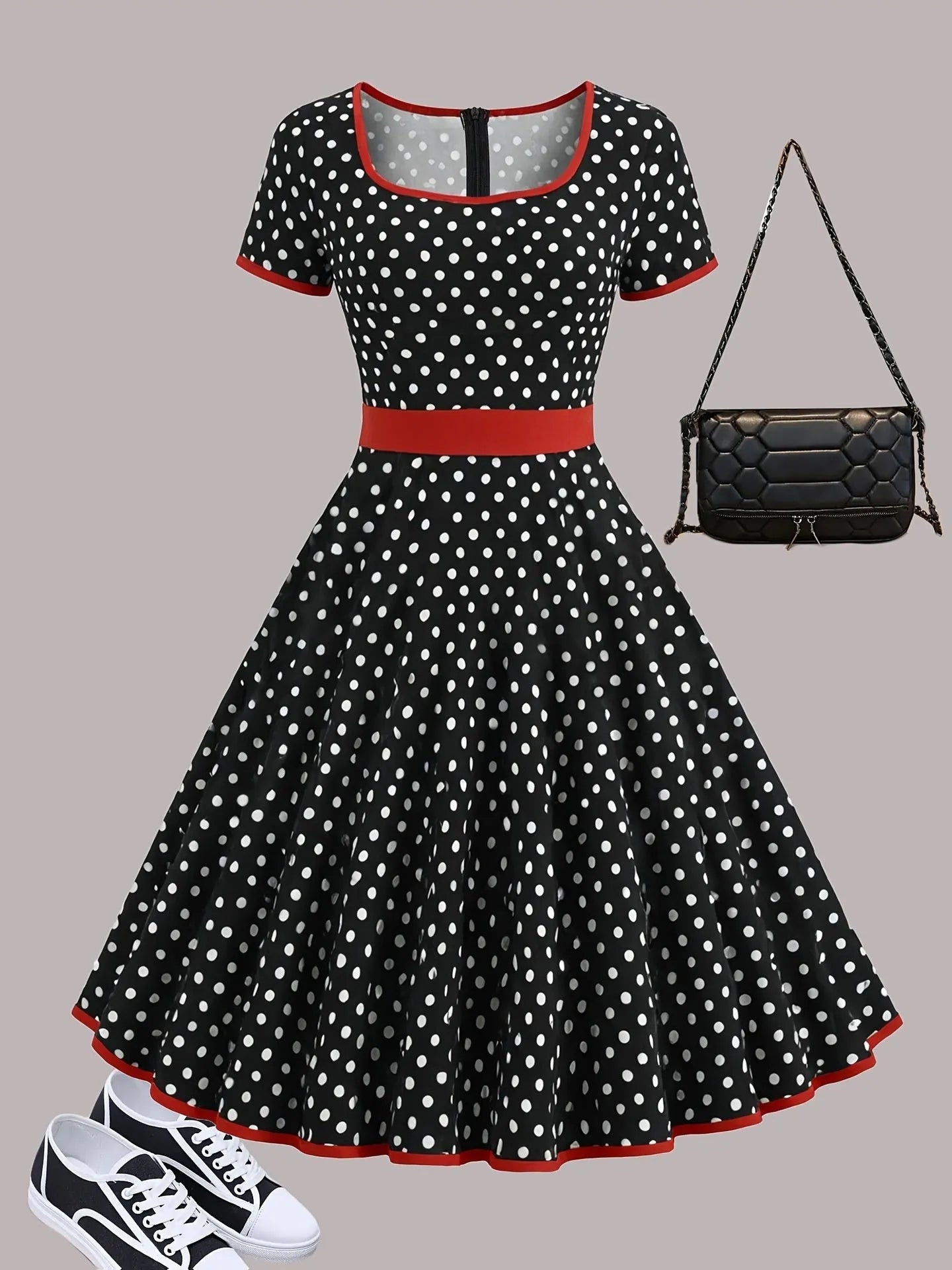 Women's multicolor polka dot dress with square collar, short sleeves, front zipper, and pleated mid-length skirt.