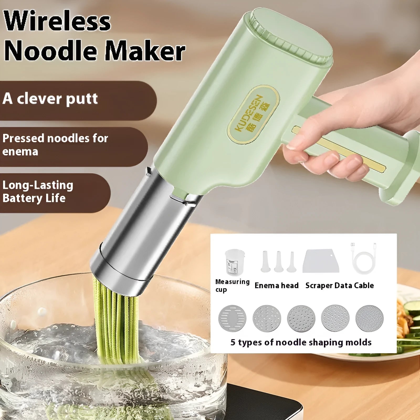 Wireless handheld noodle press in cyan with 200g capacity for household pasta making