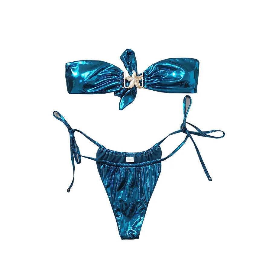 Women's glossy blue bikini with gold starfish pattern, tube top and split briefs design